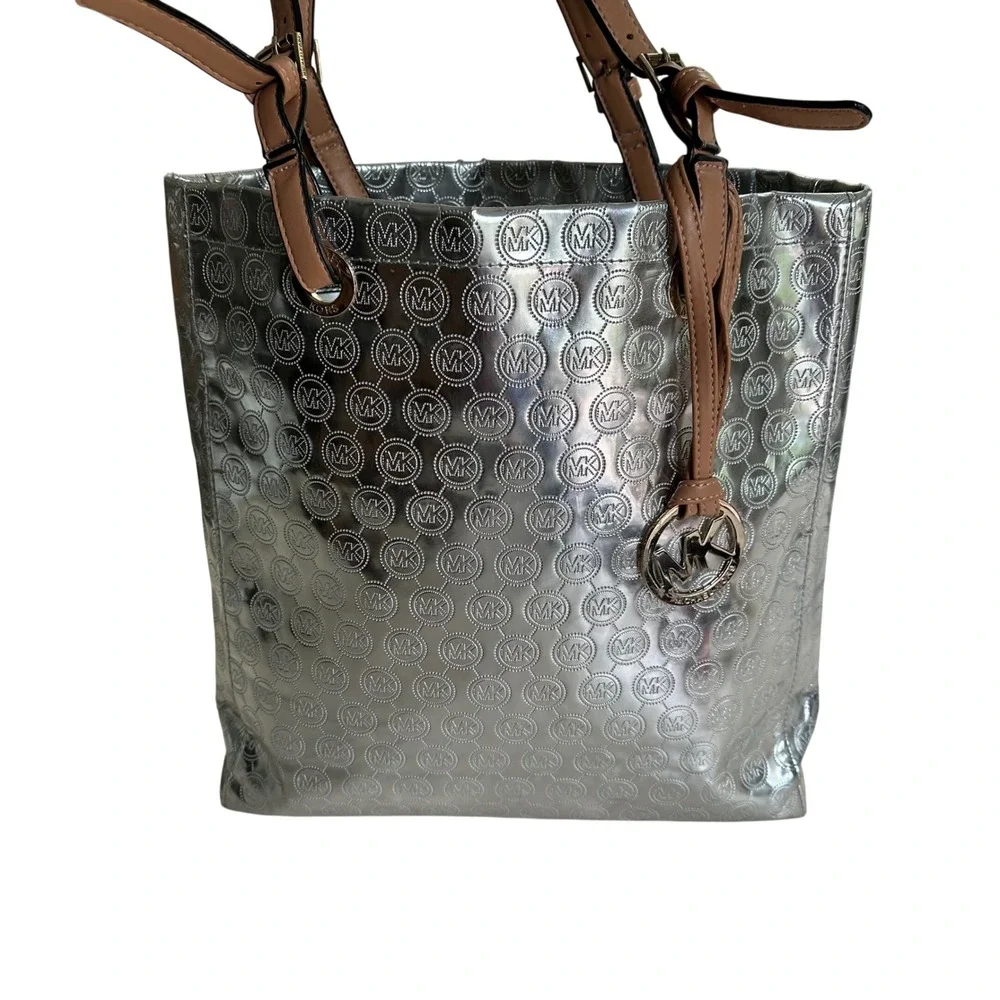 Michael Kors Metallic Silver Embossed Logo Statement Tote Bag Tan Leather Straps